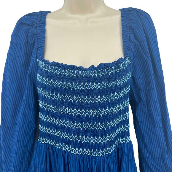 Draper James RSVP Dress Women's XL Blue Striped Smocked Milkmaid Style Peasant - Picture 2 of 7